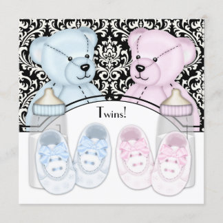 Invitación Black Damask Pink Blue Teddy Bear Twin Baby Shower