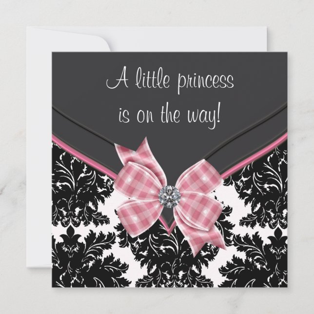 Invitación Black Damask Pink Bow Princess Baby Shower (Anverso)