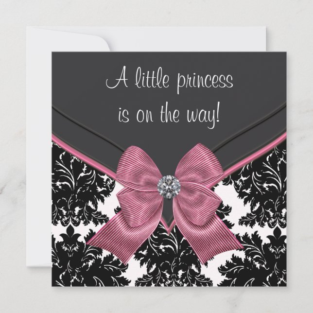 Invitación Black Damask Pink Bow Princess Baby Shower (Anverso)