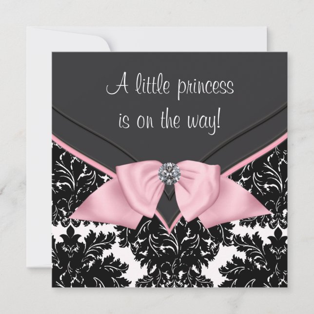 Invitación Black Damask Pink Bow Princess Baby Shower (Anverso)