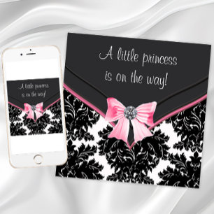 Invitación Black Damask Pink Bow Princess Baby Shower