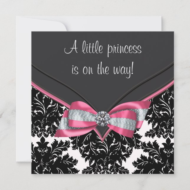 Invitación Black Damask Pink Bow Princess Baby Shower (Anverso)