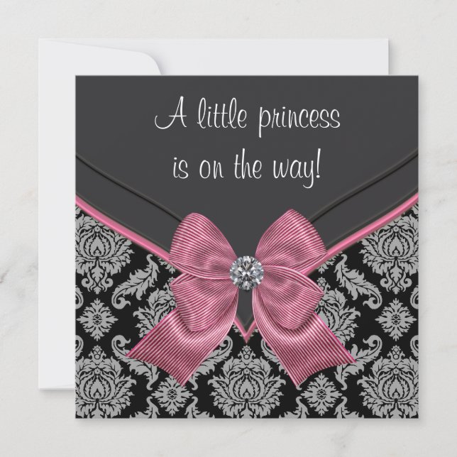 Invitación Black Damask Pink Bow Princess Baby Shower (Anverso)