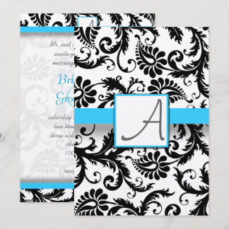 Invitación Black Damask Swirls Bright Aqua Trim No Dots