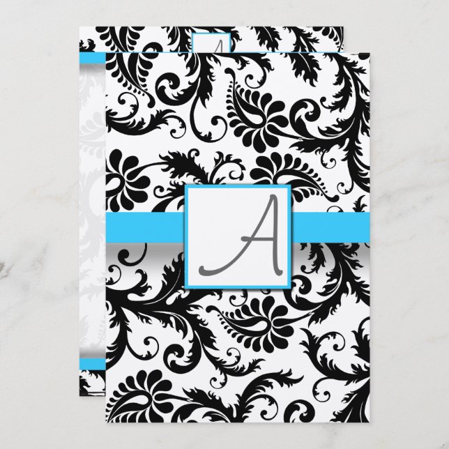Invitación Black Damask Swirls Bright Aqua Trim No Dots (Anverso / Reverso)
