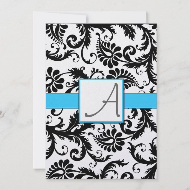 Invitación Black Damask Swirls Light Aqua Trim (Anverso)