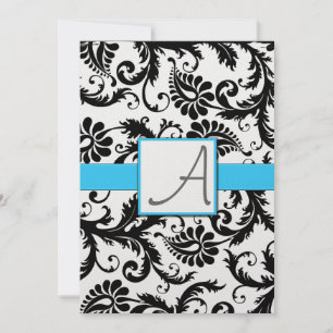 Invitación Black Damask Swirls Light Aqua Trim