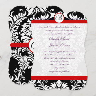 Invitación Black Damask Swirls Red Trim Purple Font Boda