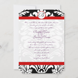 Invitación Black Damask Swirls Red Trim Purple Font Boda