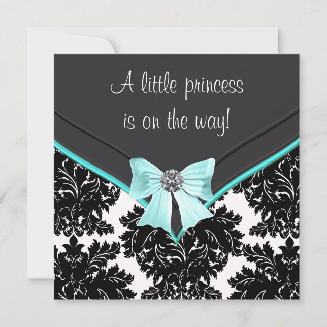Invitación Black Damask Verde azulado Blue Bow Princess Baby  (Anverso)