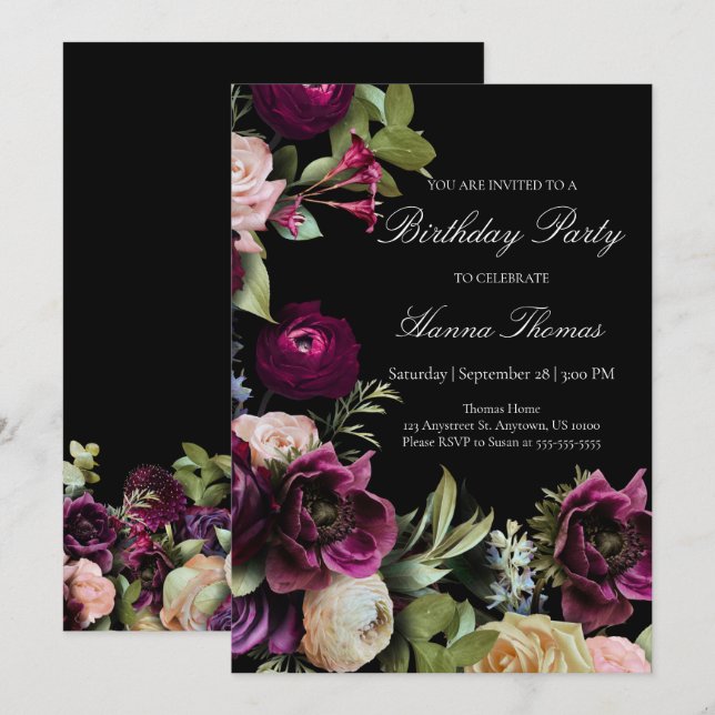 Invitación Black Dark Moody Elegant Fiesta de cumpleaños flor (Anverso / Reverso)