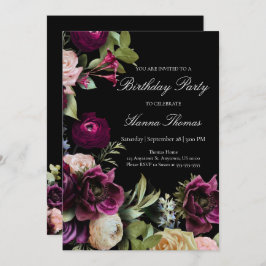 Invitación Black Dark Moody Elegant Fiesta de cumpleaños flor