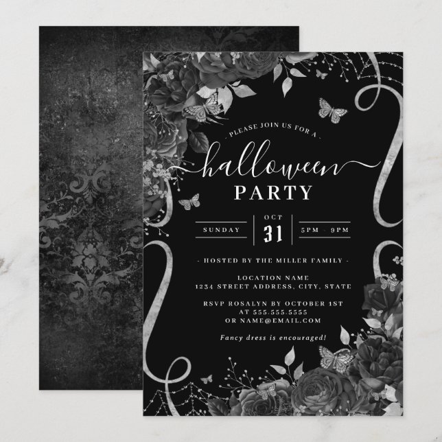 Invitación Black Dark Spooky Floral Scroll Halloween Party (Anverso / Reverso)