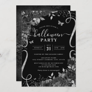 Invitación Black Dark Spooky Floral Scroll Halloween Party