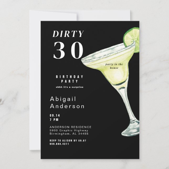 Invitación Black Dirty 30 Margarita Cumpleaños (Anverso)
