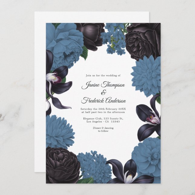 Invitación Black & Dusty Blue Photo/QR Code Floral Wedding (Anverso / Reverso)