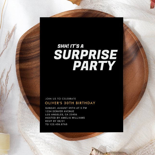 Invitación Black Elegant and Moderprise Birday Party (Black Elegant & Modern Surprise Birthday Party Invitation
)
