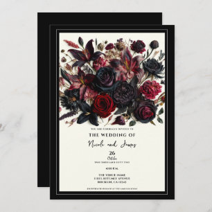 Invitación Black Elegant Fall Flores Presionadas Boda oscuro