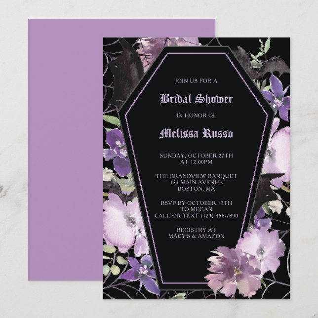 Invitación Black Elegant Gothic Floral Coffin Bridal Shower (Anverso / Reverso)