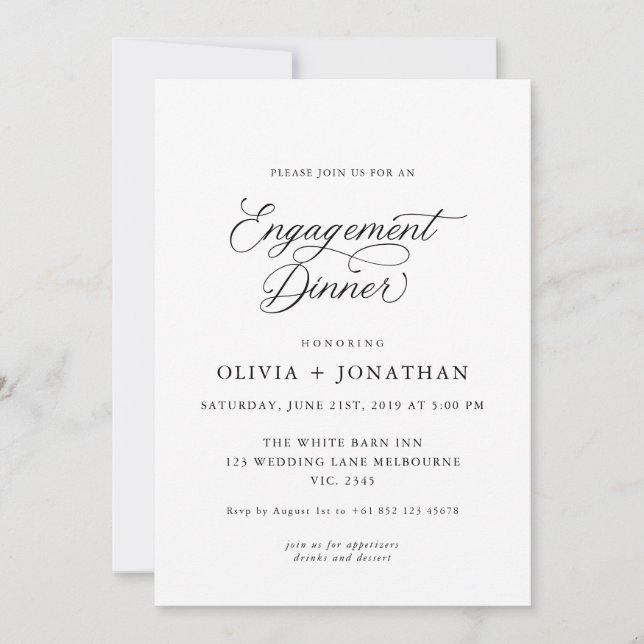Invitación Black Elegant Modern Calligraphy Engagement Dinner (Anverso)