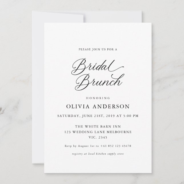 Invitación Black Elegant Modern Script Bridal Brunch (Anverso)