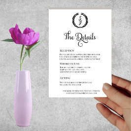 Invitación Black Elegant Monogram Wreath White Details Card