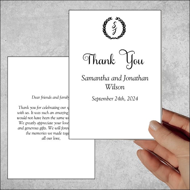 Invitación Black Elegant Monogram Wreath White Thank You Card (Subido por el creador)
