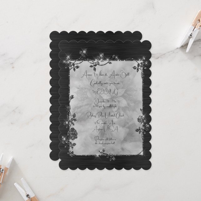 Invitación Black Elegant Sparkly Frame After Christmas Weddin (Anverso/Reverso In Situ)