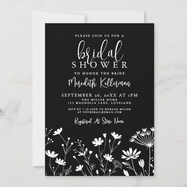 Invitación Black Elegant Wildflower Bridal Shower (Anverso)