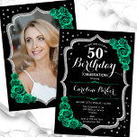 Invitación Black Emerald Green Photo 50th Birthday<br><div class="desc">Elegante invitación de 50 años con tu foto en la parte trasera de la tarjeta. Diseño de color negro y verde esmeralda con una falsa plata purpurina. Incluye rosas verdes, tipo de letra de guión y confeti. Perfecto para un elegante fiesta de celebración de cumpleaños. Personaliza con tus propios detalles....</div>