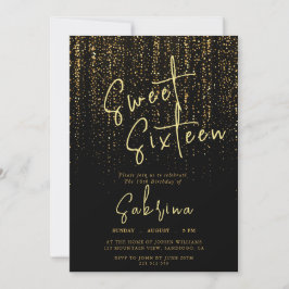Invitación Black Falling Golden Sparkles Sweet 16 Birthday