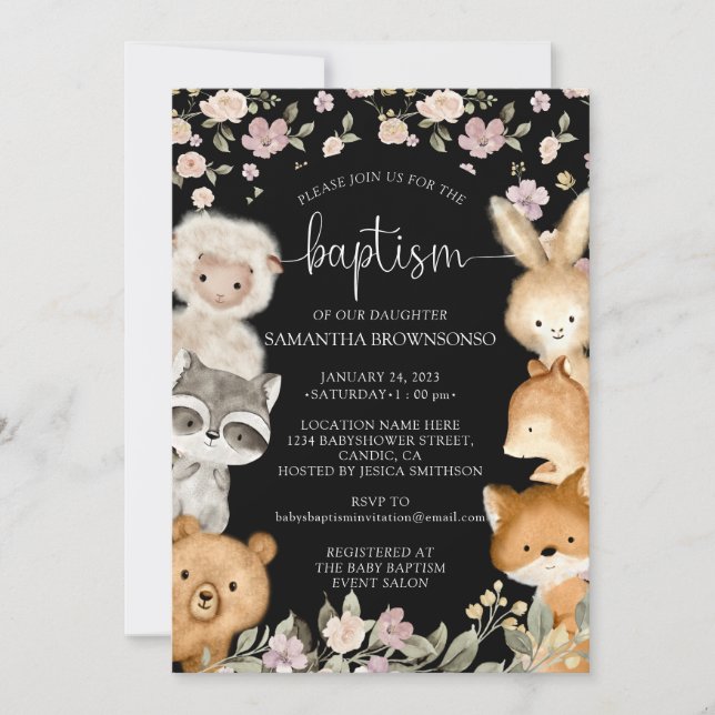 Invitación Black Farm Bear Fox Rabbit Raccoon Baptism (Anverso)