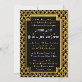Invitación Black Faux Gold Art Deco Fans Pattern Boda