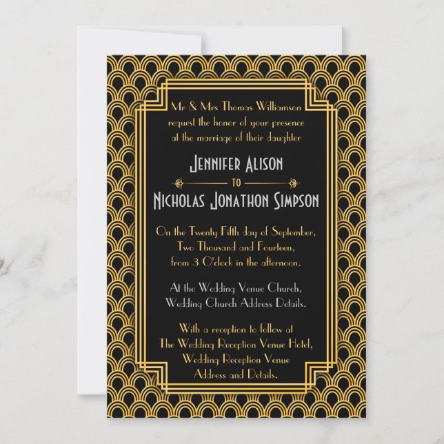 Invitación Black Faux Gold Art Deco Fans Pattern Boda (Anverso)