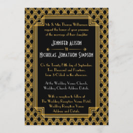 Invitación Black Faux Gold Art Deco Fans Pattern Boda