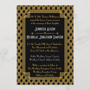 Invitación Black Faux Gold Art Deco Fans Pattern Boda