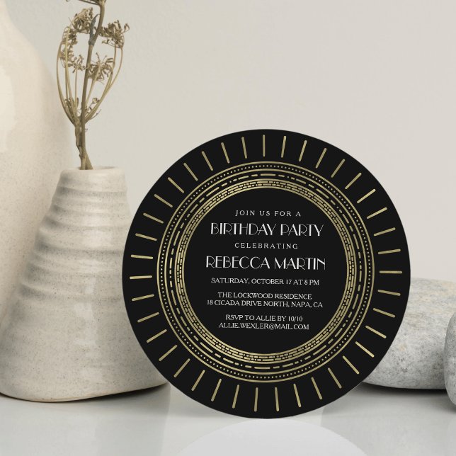 Invitación Black & Faux Gold Art Deco Fiesta de cumpleaños (Subido por el creador)