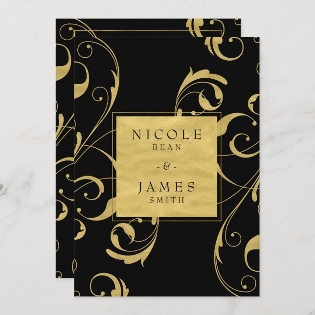 Invitación Black & Faux Gold Floral Swirl Elegant Wedding (Anverso / Reverso)