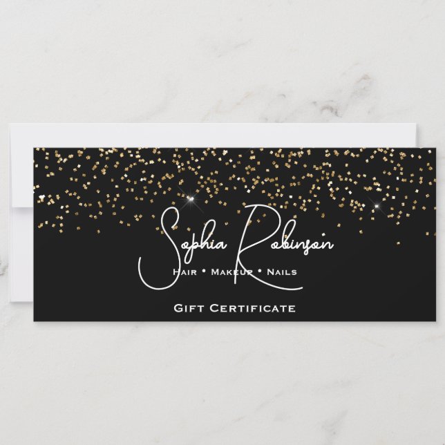 Invitación Black & Faux Gold Glitter Gift Certificate Card (Anverso)