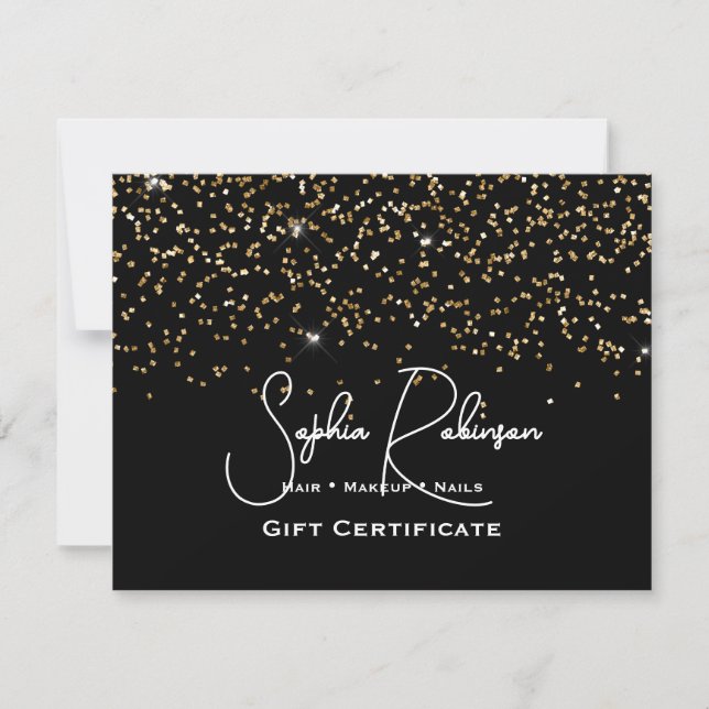 Invitación Black & Faux Gold Glitter Gift Certificate Card (Anverso)
