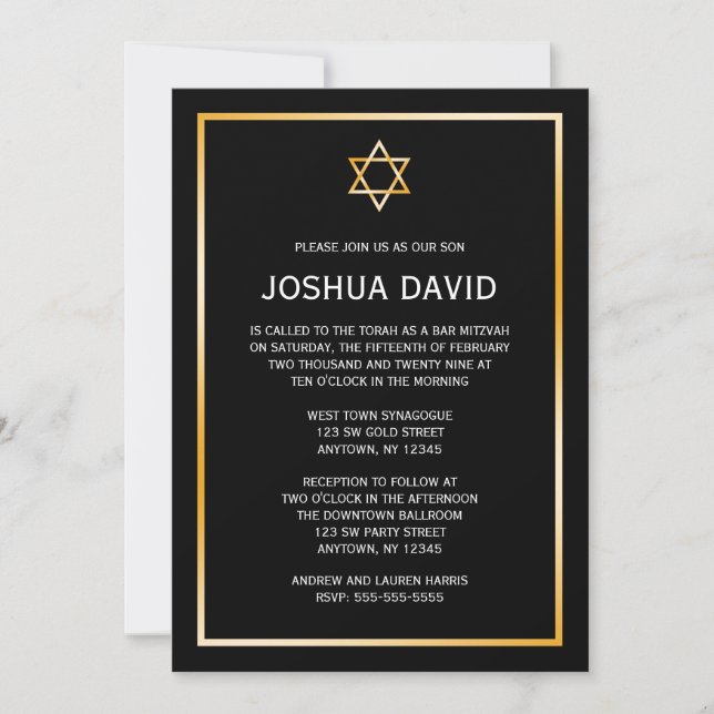 Invitación Black Faux Gold Star de David Bar Mitzvah (Anverso)