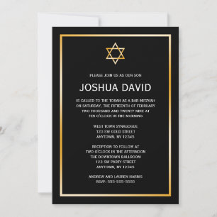 Invitación Black Faux Gold Star de David Bar Mitzvah