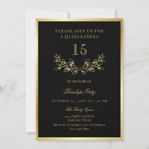 Invitación Black Faux Gold Wreath Quinceañera