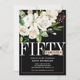 Invitación Black Fifty and Fabulous White Floral Birday