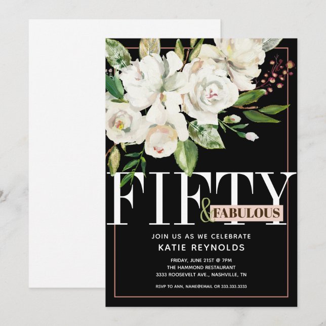Invitación Black Fifty and Fabulous White Floral Birday (Anverso / Reverso)
