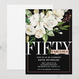 Invitación Black Fifty and Fabulous White Floral Birday