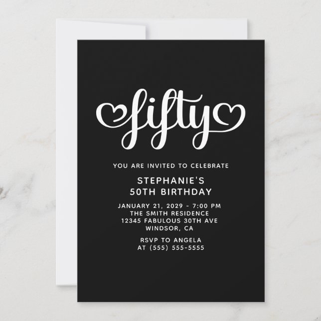 Invitación Black Fifty Cute Hearts Script 50 cumpleaños (Anverso)