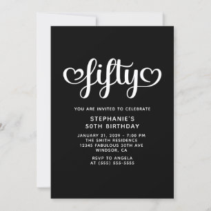 Invitación Black Fifty Cute Hearts Script 50 cumpleaños