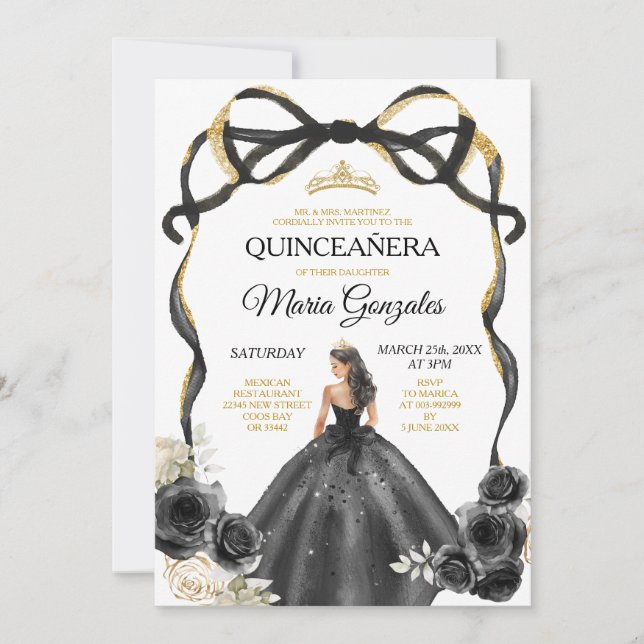 Invitación Black Floral Bow Princess Gold Crown Quinceañera (Anverso)