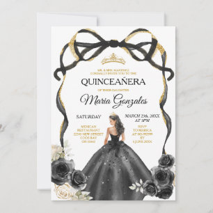 Invitación Black Floral Bow Princess Gold Crown Quinceañera
